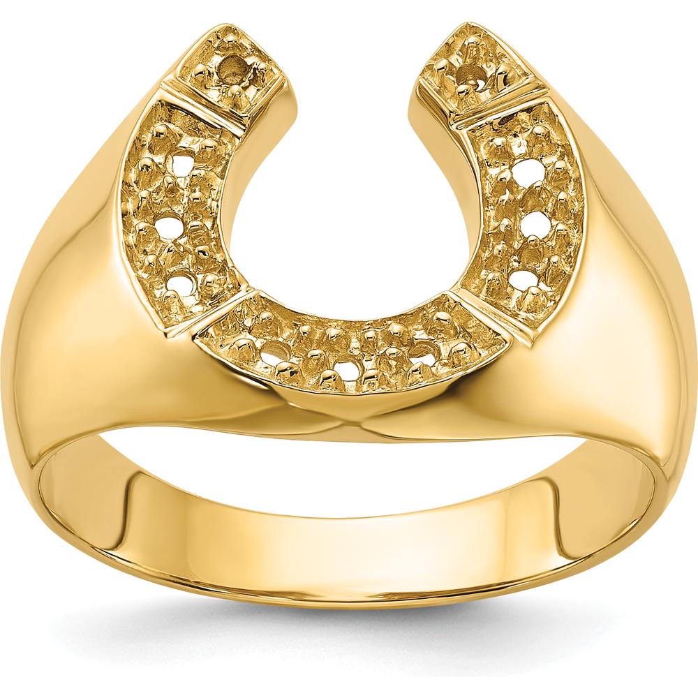 14K Yellow Gold Polished Men's Horseshoe Ring - Customizable Design with Tapered Band by Oro Pregiato