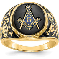 14K Yellow Gold Polished Men's Masonic Ring with Oval Onyx and Black Enamel Accent by IBGoodman