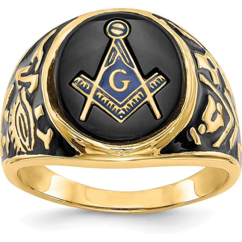 14K Yellow Gold Polished Men's Masonic Ring with Oval Onyx and Black Enamel Accent by IBGoodman