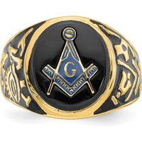 14K Yellow Gold Polished Men's Masonic Ring with Oval Onyx and Black Enamel Accent by IBGoodman