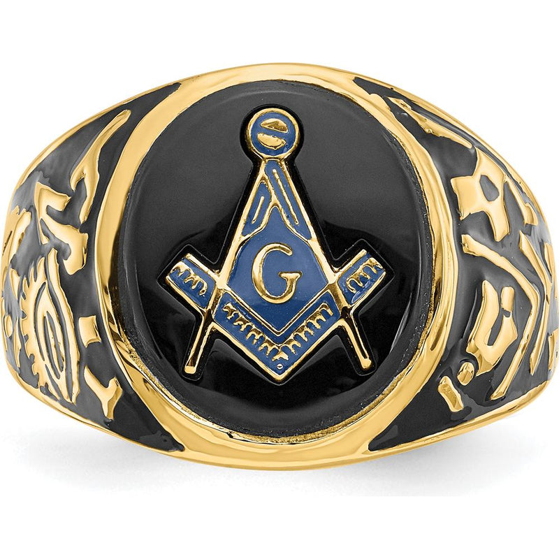 14K Yellow Gold Polished Men's Masonic Ring with Oval Onyx and Black Enamel Accent by IBGoodman