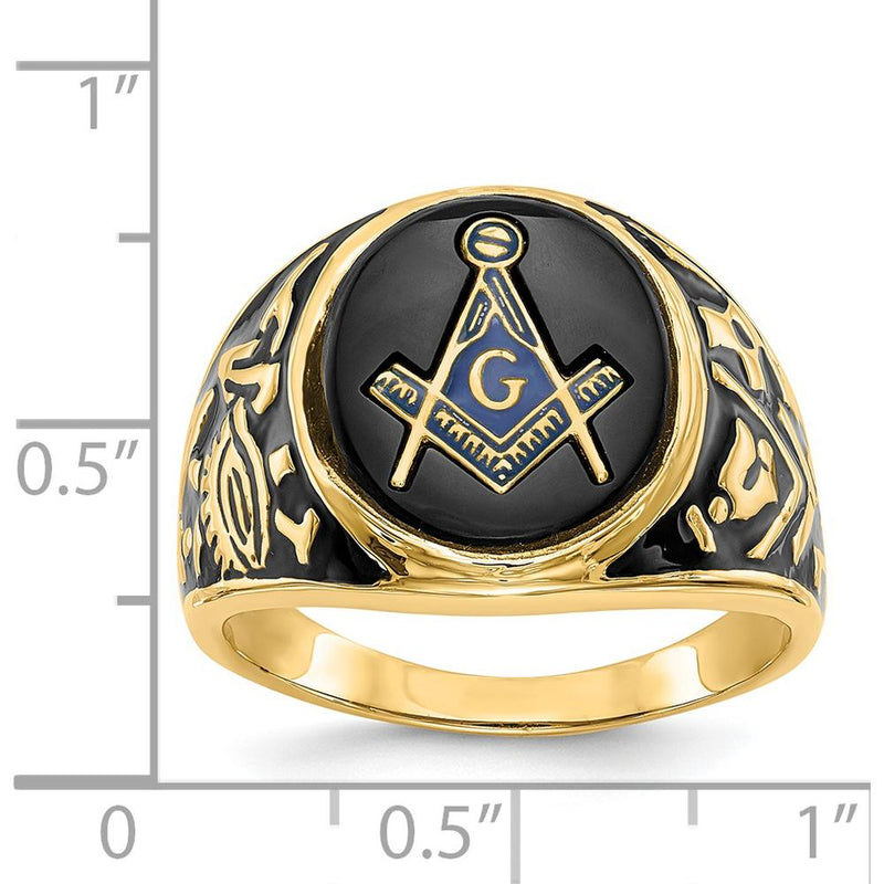 14K Yellow Gold Polished Men's Masonic Ring with Oval Onyx and Black Enamel Accent by IBGoodman