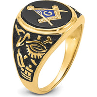14K Yellow Gold Polished Men's Masonic Ring with Oval Onyx and Black Enamel Accent by IBGoodman