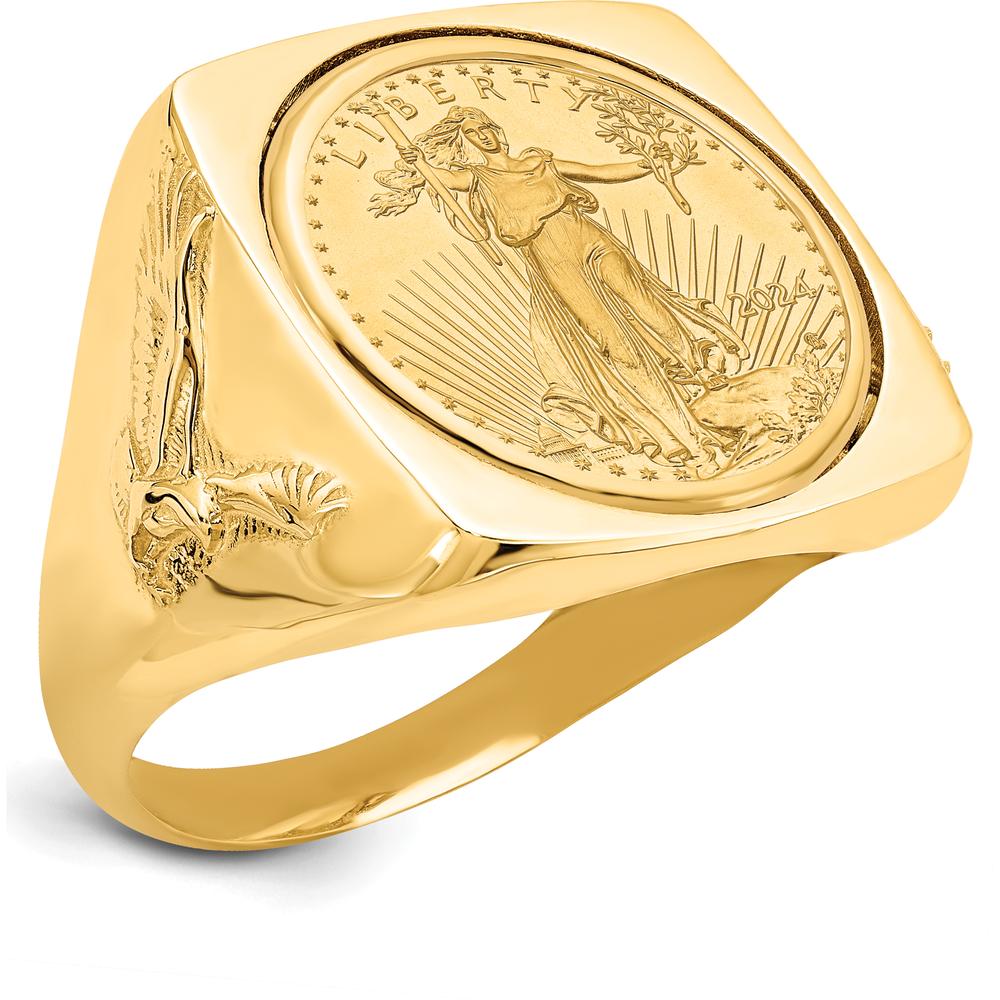 14K Yellow Gold Polished Men's Ring with 1/10 oz. American Eagle Coin Bezel by Numis Coin Jewelry