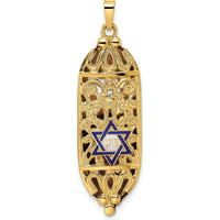 14K Yellow Gold Polished Mezuzah Pendant with Blue and White Enameled Star of David by Oro Pregiato