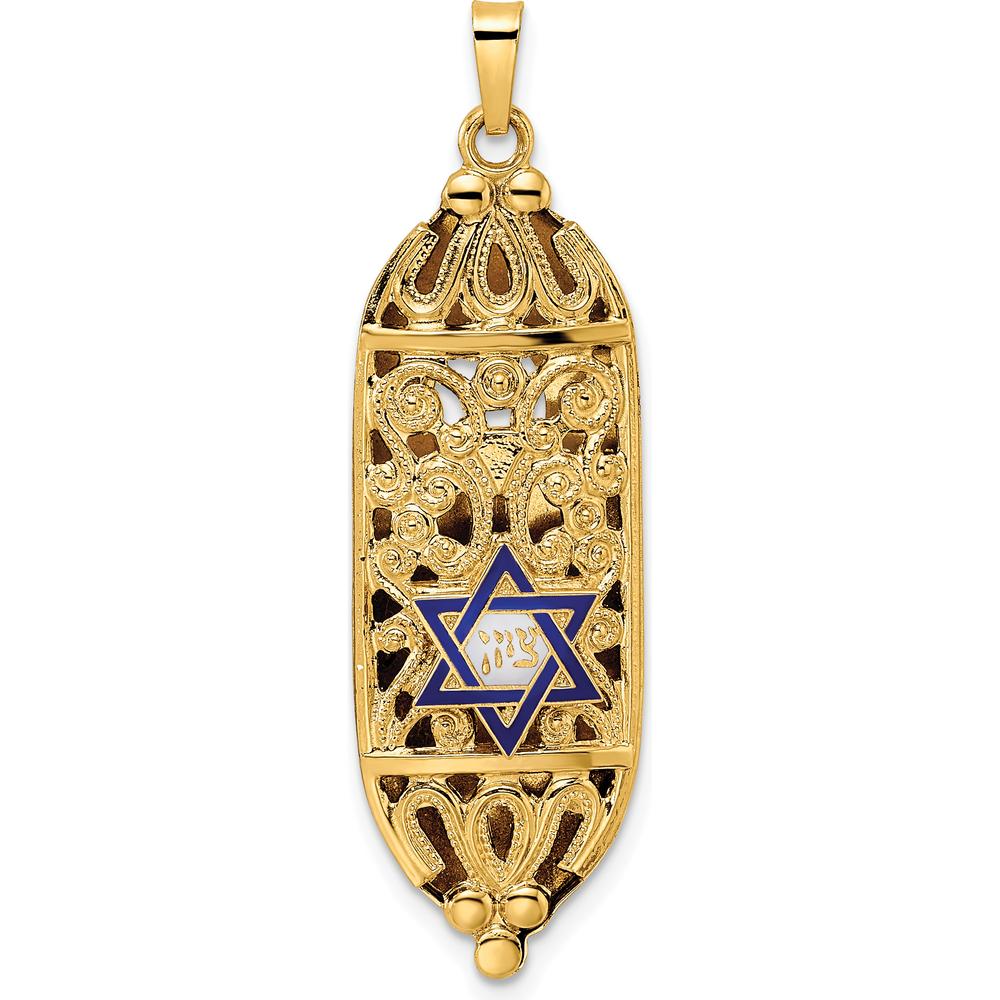 14K Yellow Gold Polished Mezuzah Pendant with Blue and White Enameled Star of David by Oro Pregiato
