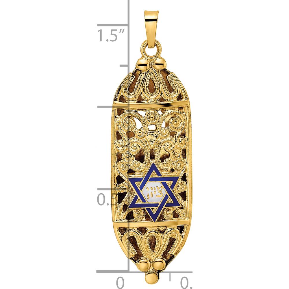 14K Yellow Gold Polished Mezuzah Pendant with Blue and White Enameled Star of David by Oro Pregiato