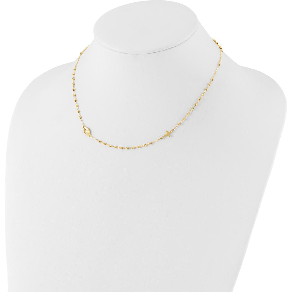 14K Yellow Gold Polished Miraculous Medal and Cross Beaded Rosary Design 16.5" Necklace by 0