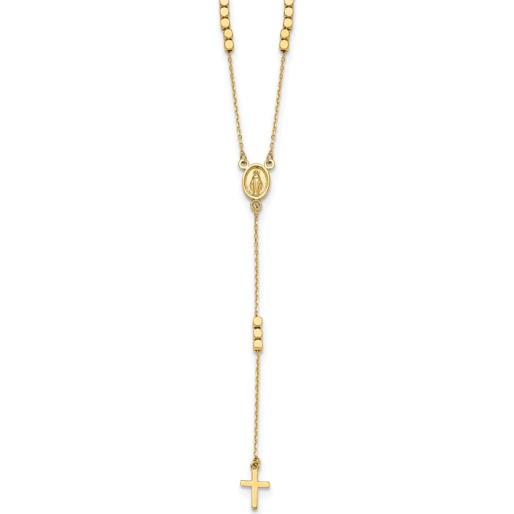 14K Yellow Gold Polished Miraculous Medal and Cross Rosary Y-Drop Necklace - 17.75" Length by 0