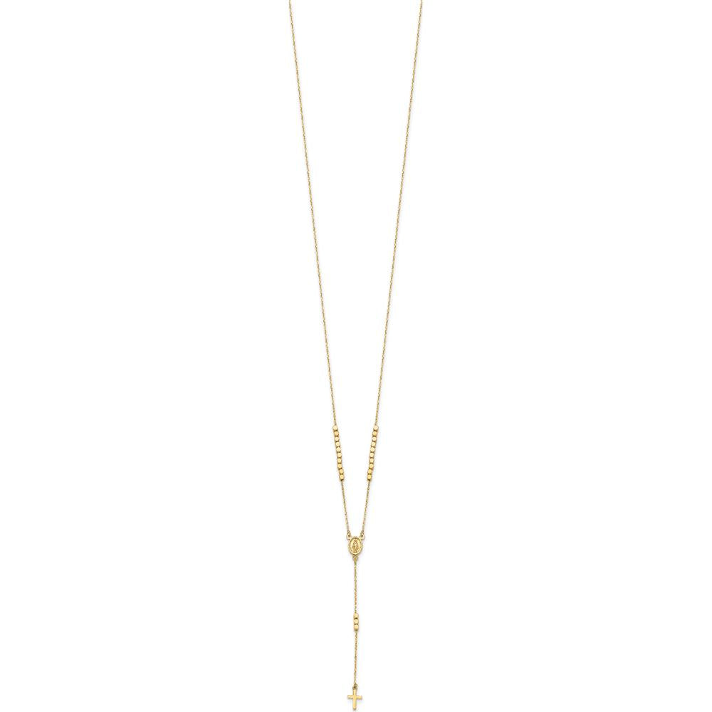 14K Yellow Gold Polished Miraculous Medal and Cross Rosary Y-Drop Necklace - 17.75" Length by 0