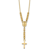 14K Yellow Gold Polished Miraculous Medal and Cross with Diamond-Cut Beads 17" Cable Necklace by 0
