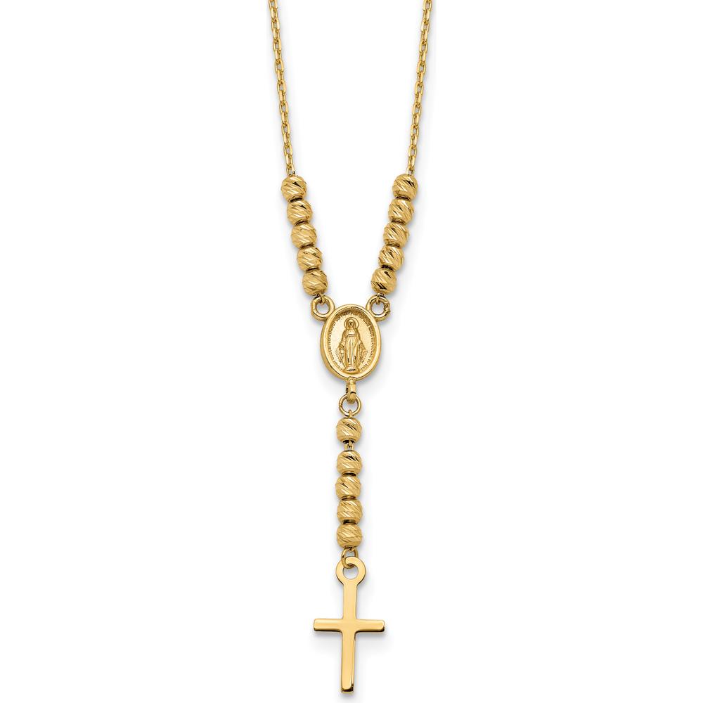 14K Yellow Gold Polished Miraculous Medal and Cross with Diamond-Cut Beads 17" Cable Necklace by 0