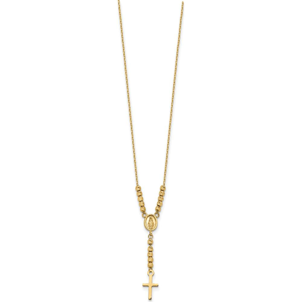 14K Yellow Gold Polished Miraculous Medal and Cross with Diamond-Cut Beads 17" Cable Necklace by 0