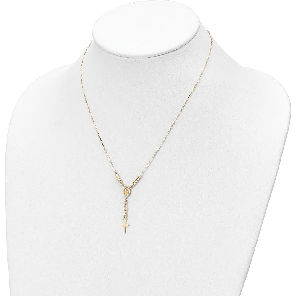 14K Yellow Gold Polished Miraculous Medal and Cross with Diamond-Cut Beads 17" Cable Necklace by 0