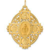 14K Yellow Gold Polished Miraculous Medal and Four-way Cross in Filigree Oval Pendant by Oro Pregiato