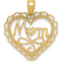 14K Yellow Gold Polished MOM Scalloped Heart Pendant with Textured Detail by Oro Pregiato