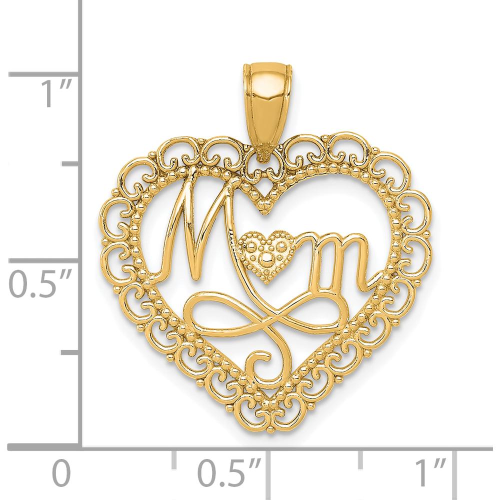 14K Yellow Gold Polished MOM Scalloped Heart Pendant with Textured Detail by Oro Pregiato
