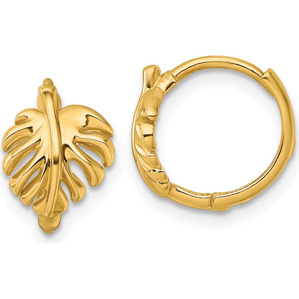 14K Yellow Gold Polished Monstera Leaf Hinged Hoop Earrings by Oro Pregiato