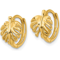 14K Yellow Gold Polished Monstera Leaf Hinged Hoop Earrings by Oro Pregiato