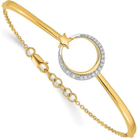 14K Yellow Gold Polished Moon and Star Half-Bangle Bracelet with 1/8 Carat Diamonds - Adjustable 7" Length with Extender by Monteluci Fine Jewelry