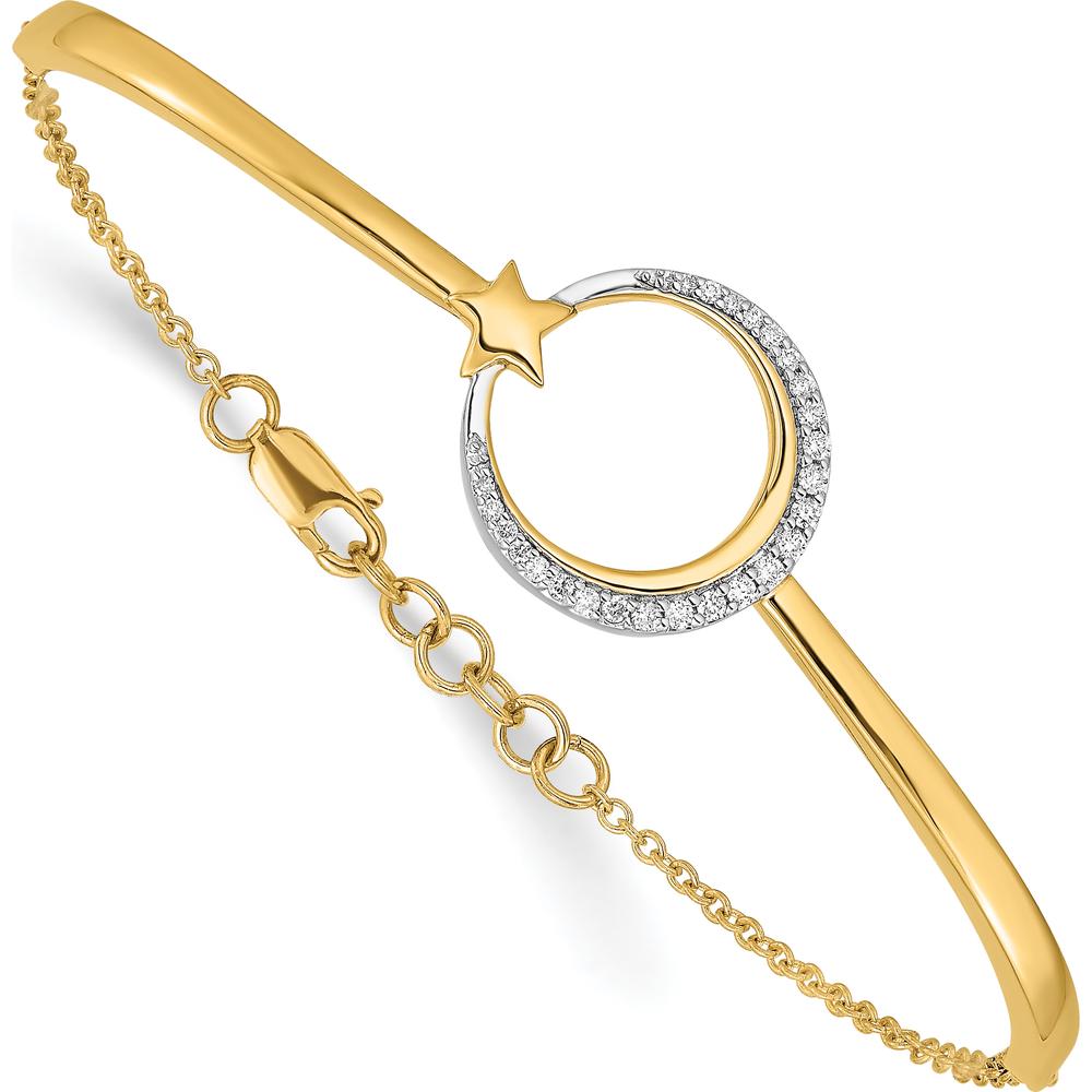 14K Yellow Gold Polished Moon and Star Half-Bangle Bracelet with 1/8 Carat Diamonds - Adjustable 7" Length with Extender by Monteluci Fine Jewelry