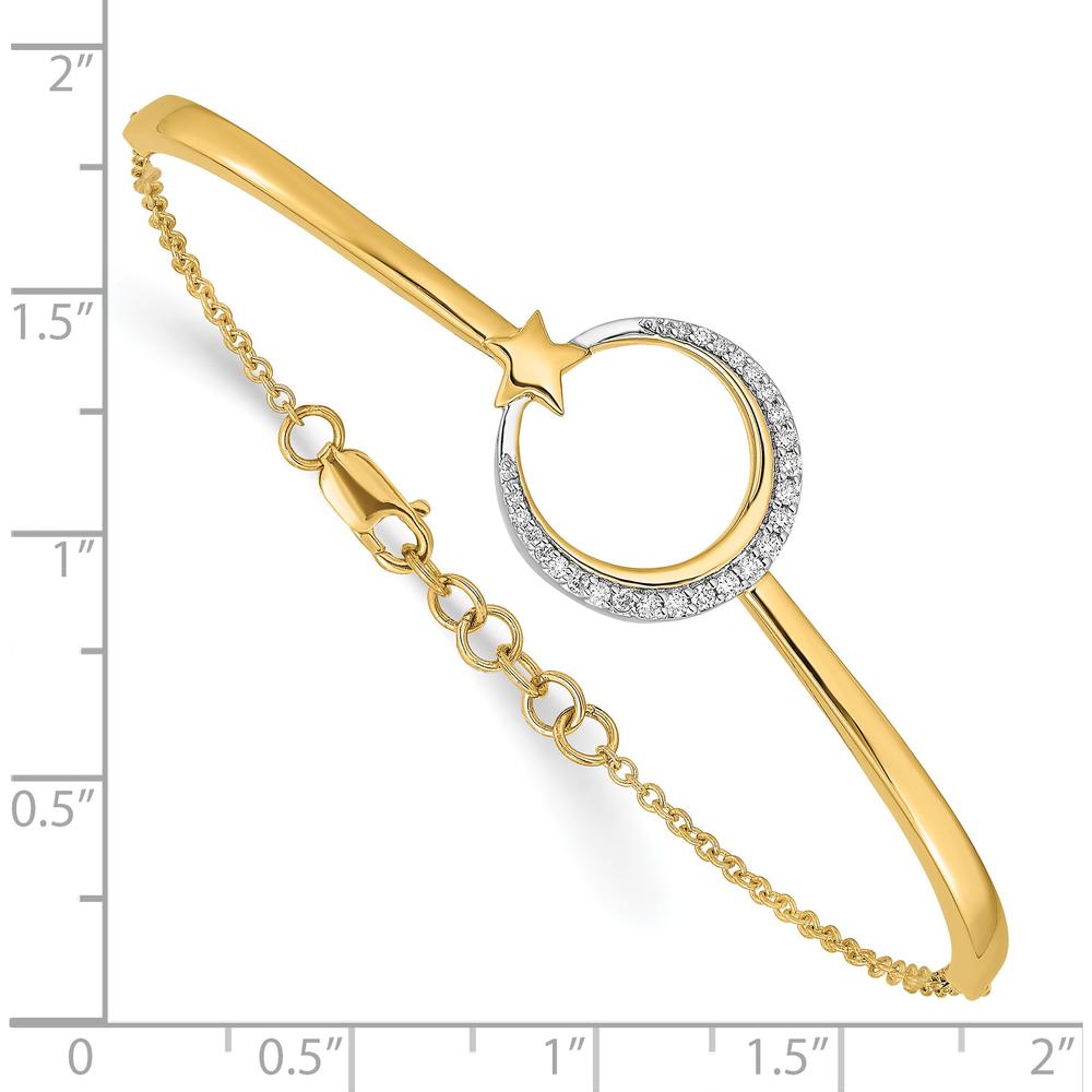 14K Yellow Gold Polished Moon and Star Half-Bangle Bracelet with 1/8 Carat Diamonds - Adjustable 7" Length with Extender by Monteluci Fine Jewelry