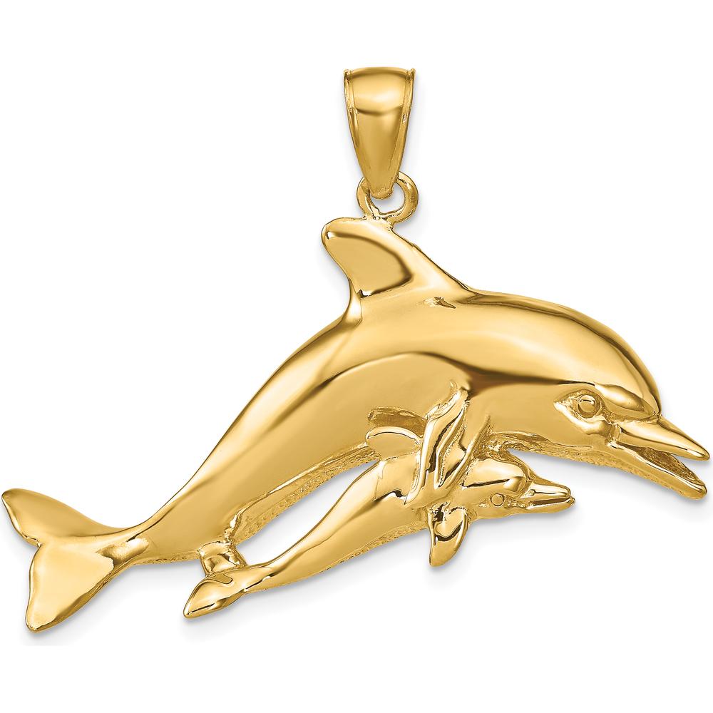 14K Yellow Gold Polished Mother and Baby Dolphin Pendant - 25mm Charm Length by Oro Pregiato