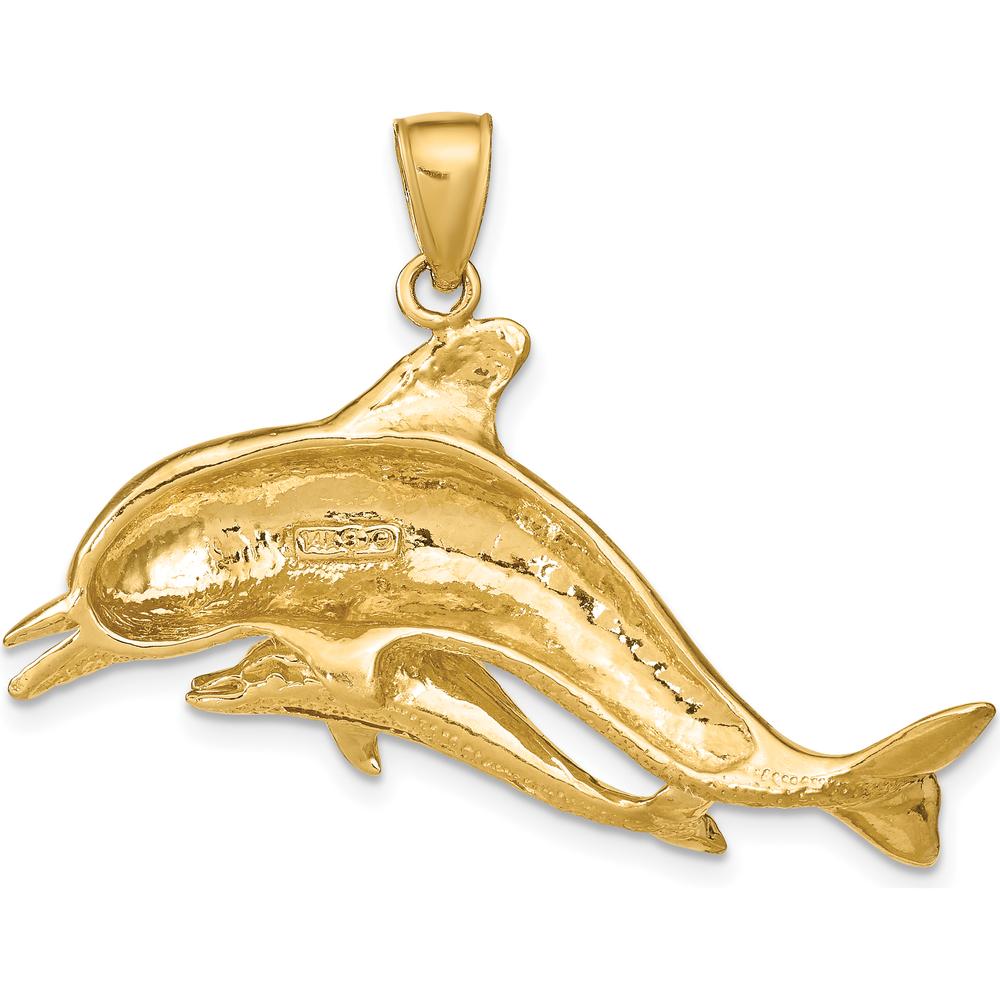 14K Yellow Gold Polished Mother and Baby Dolphin Pendant - 25mm Charm Length by Oro Pregiato