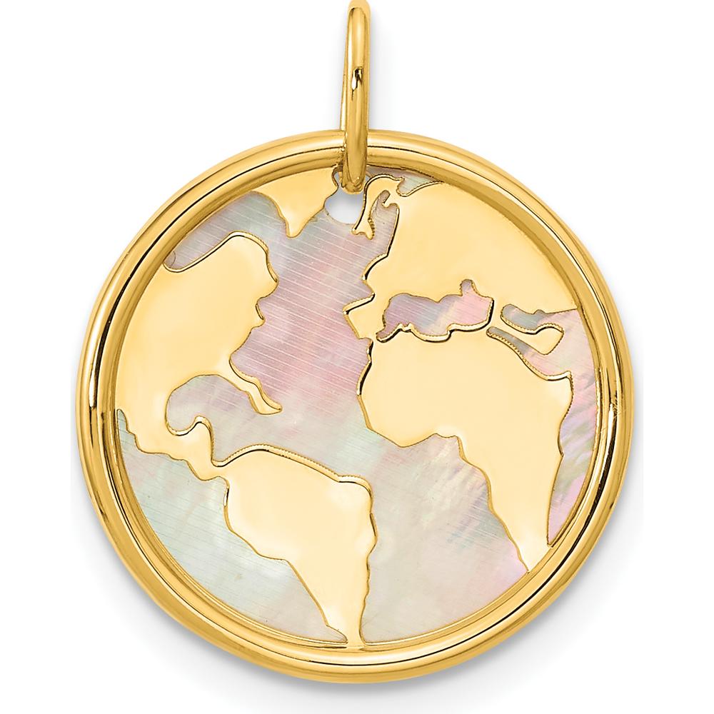 14K Yellow Gold Polished Mother of Pearl Earth Pendant - Reversible Global Design 17mm by Oro Pregiato