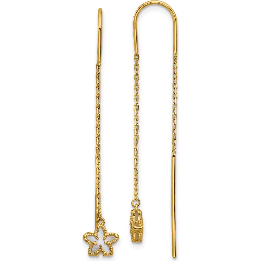 14K Yellow Gold Polished Mother of Pearl Flower Cable Chain Threader Earrings by 0