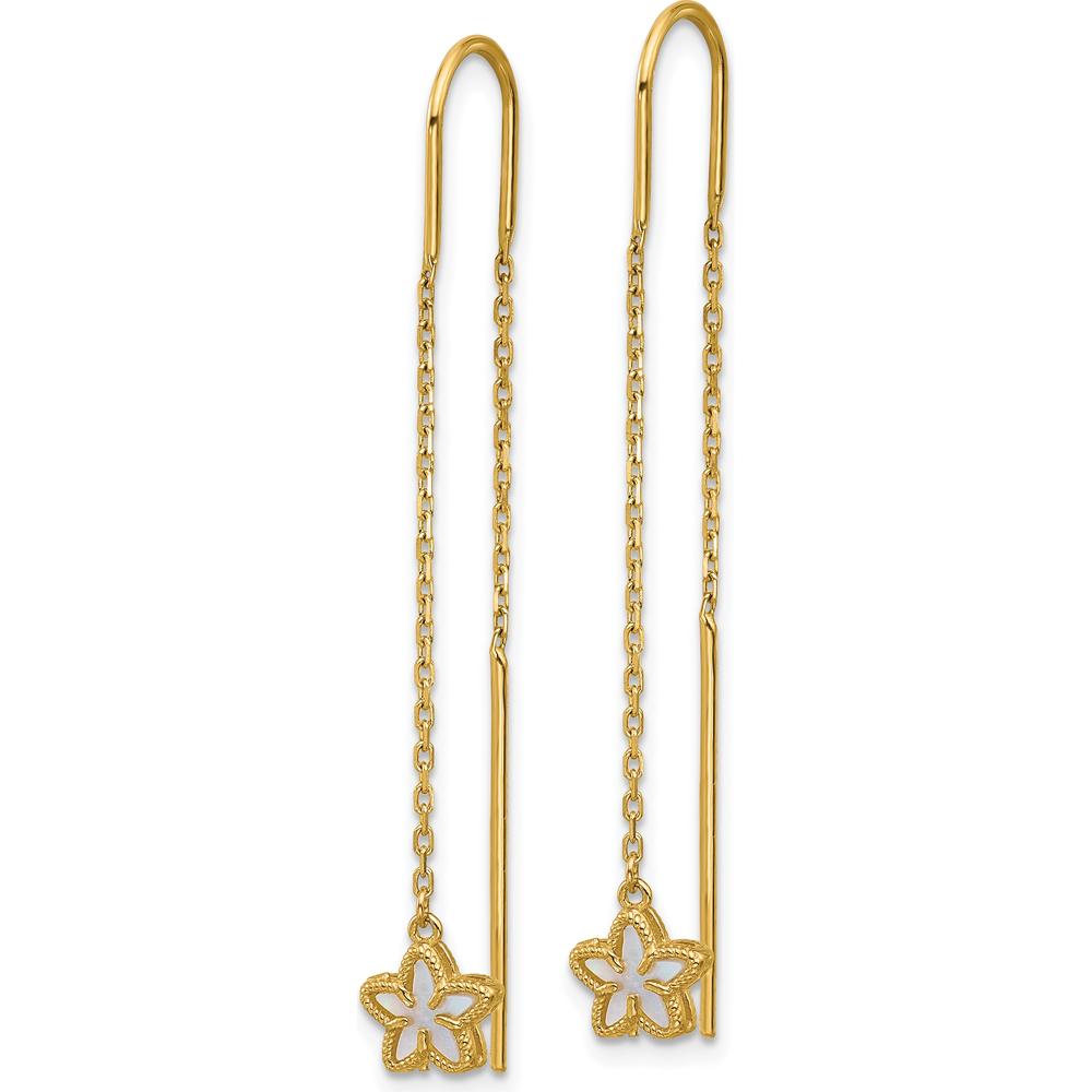 14K Yellow Gold Polished Mother of Pearl Flower Cable Chain Threader Earrings by 0