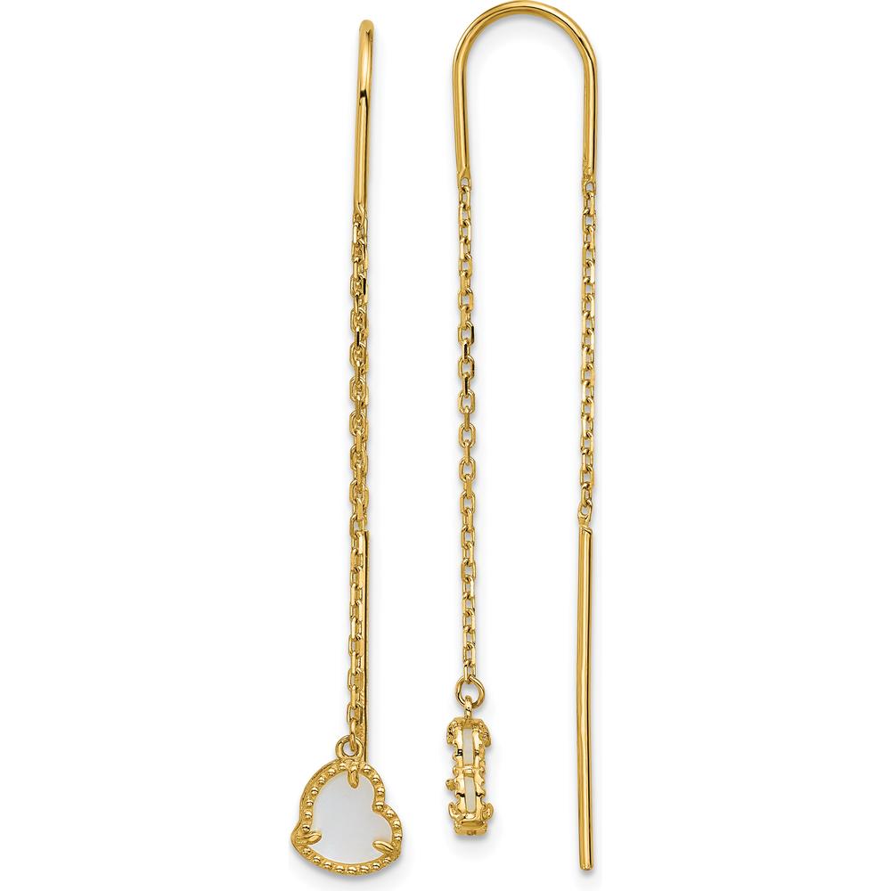 14K Yellow Gold Polished Mother of Pearl Heart Threader Earrings with Prong Set Hearts - 2x 0.50 Carat Total Gem Weight by 0