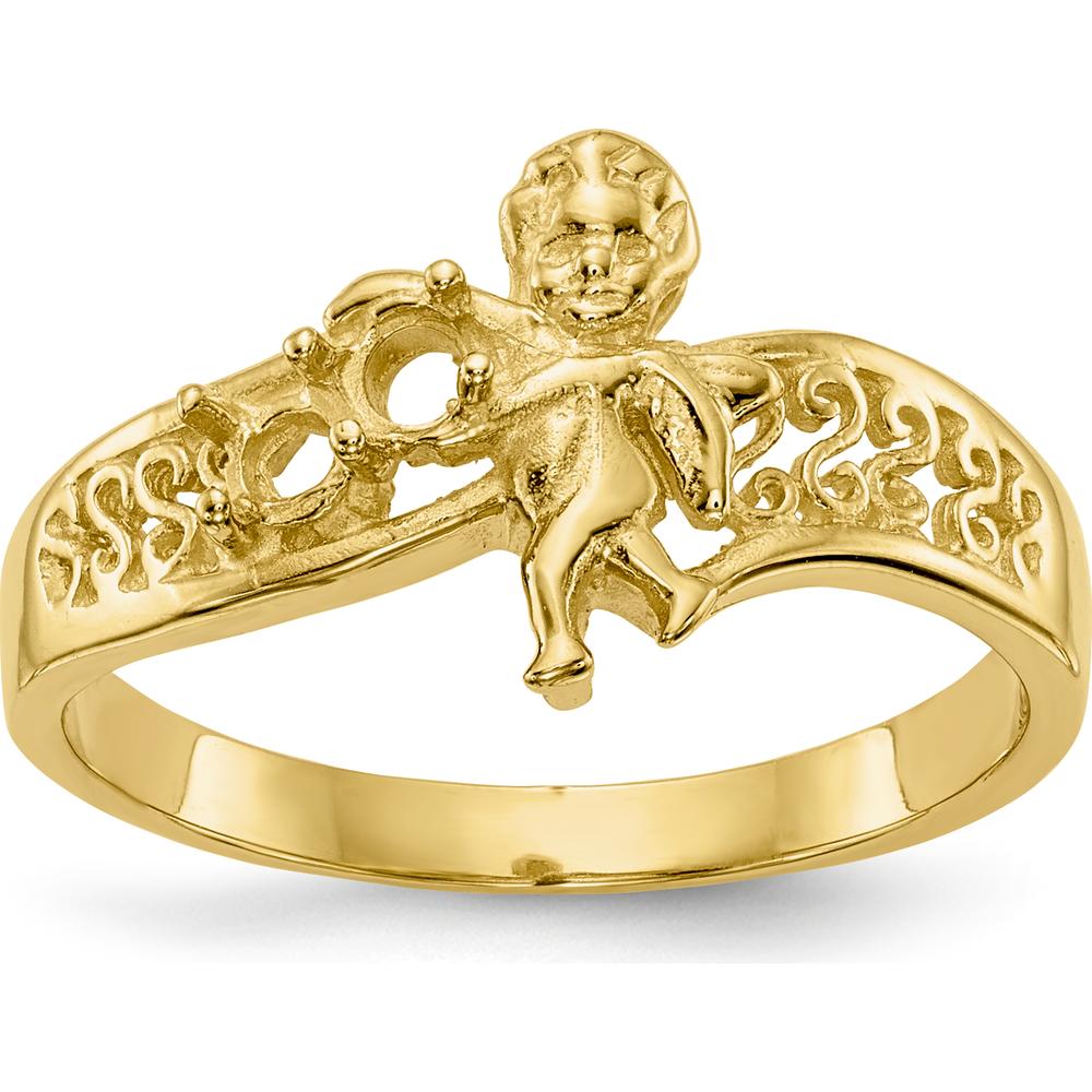 14K Yellow Gold Polished Mother's Ring with Angel Design - Customizable Round Stone Mounts by Oro Pregiato