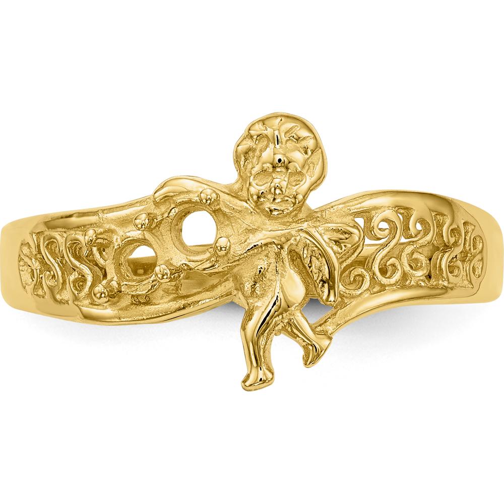 14K Yellow Gold Polished Mother's Ring with Angel Design - Customizable Round Stone Mounts by Oro Pregiato