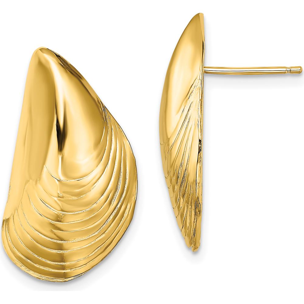 14K Yellow Gold Polished Mussel Shell Button Earrings - 24.4mm Length by 0