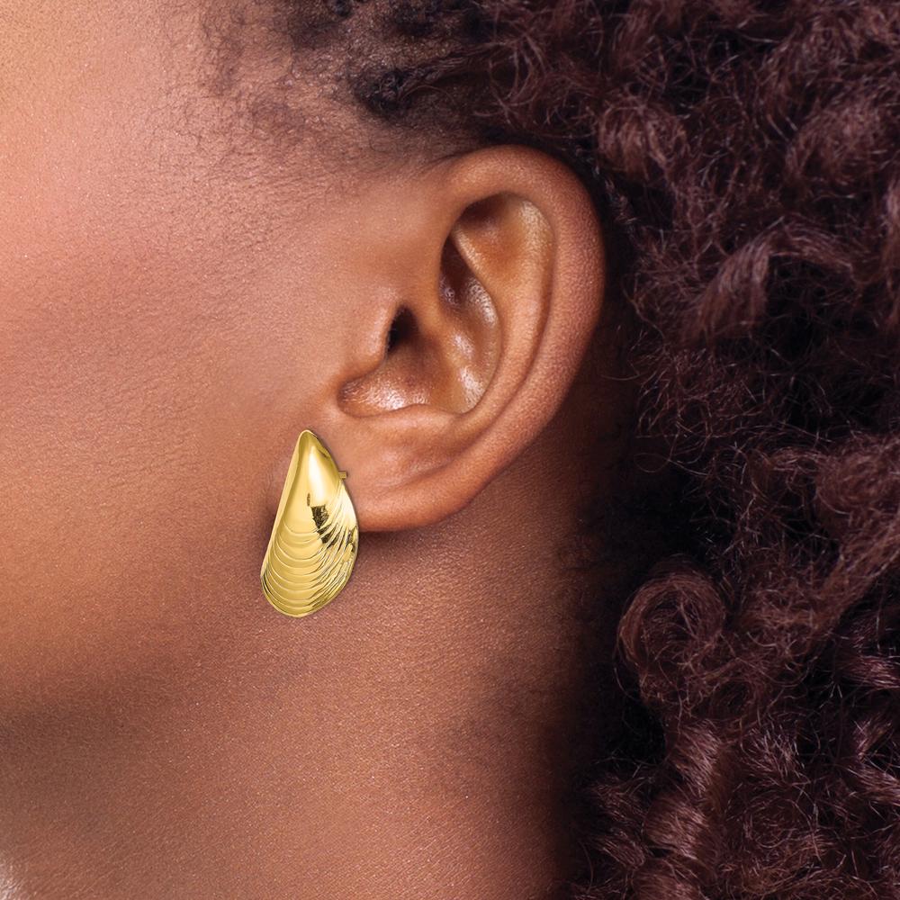 14K Yellow Gold Polished Mussel Shell Button Earrings - 24.4mm Length by 0