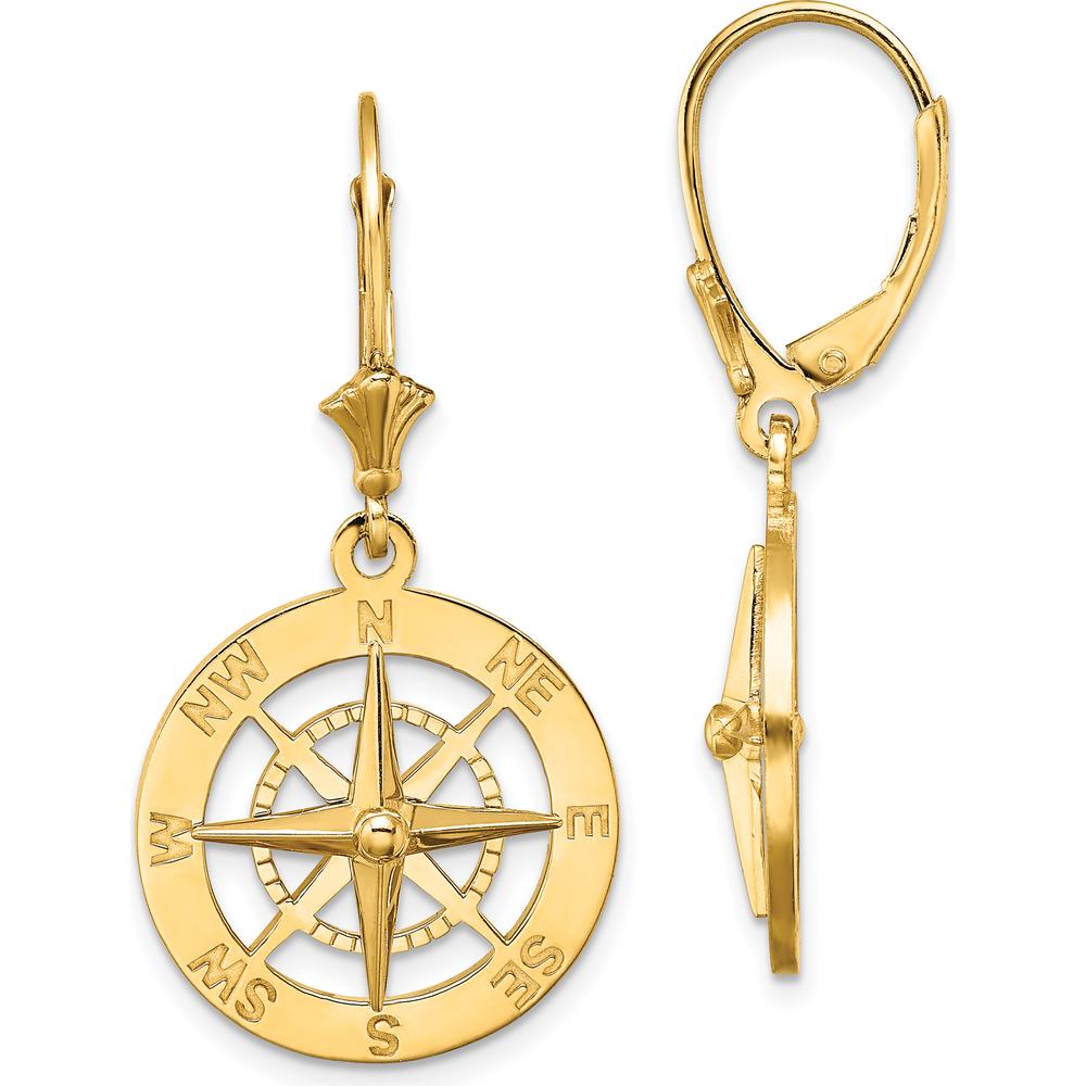 14K Yellow Gold Polished Nautical Compass Leverback Drop Earrings by 0