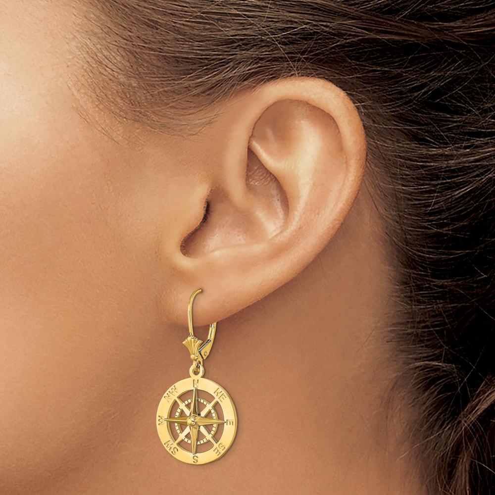 14K Yellow Gold Polished Nautical Compass Leverback Drop Earrings by 0