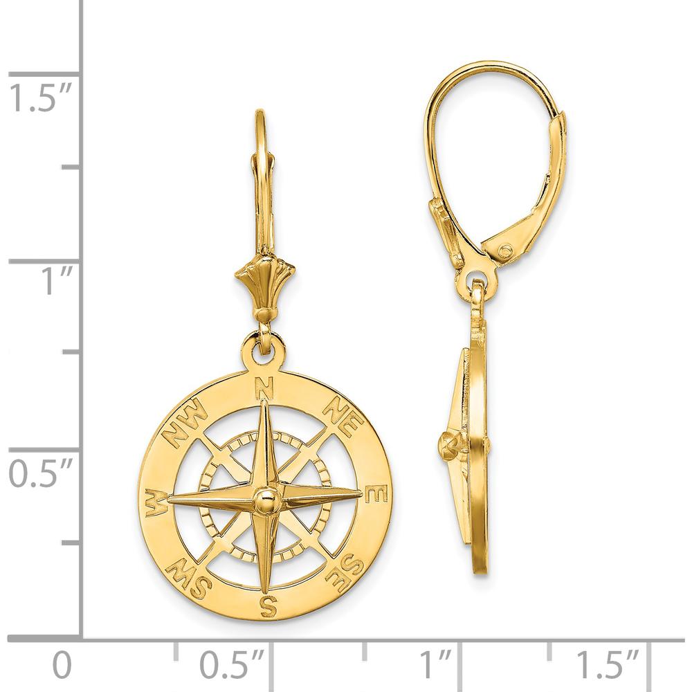 14K Yellow Gold Polished Nautical Compass Leverback Drop Earrings by 0