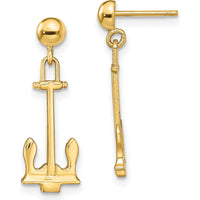 14K Yellow Gold Polished Navy Anchor Dangle Earrings - Elegant Drop Design by 0
