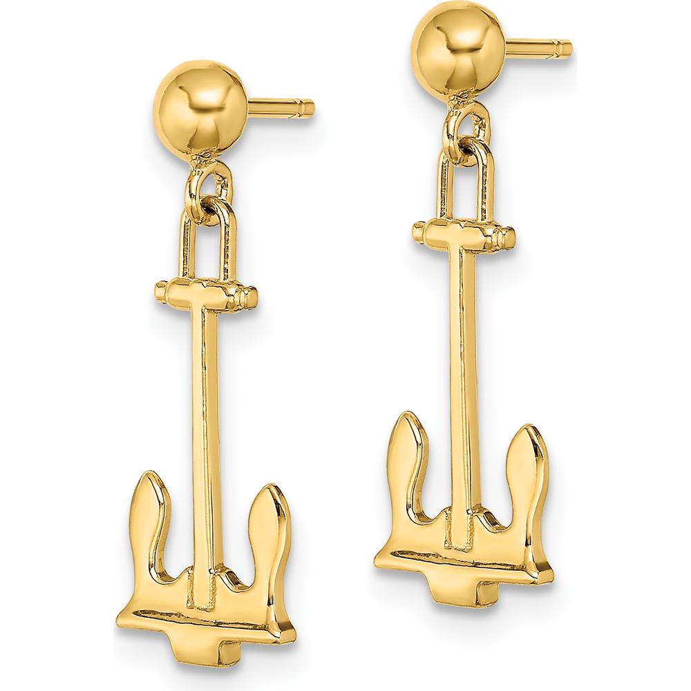 14K Yellow Gold Polished Navy Anchor Dangle Earrings - Elegant Drop Design by 0