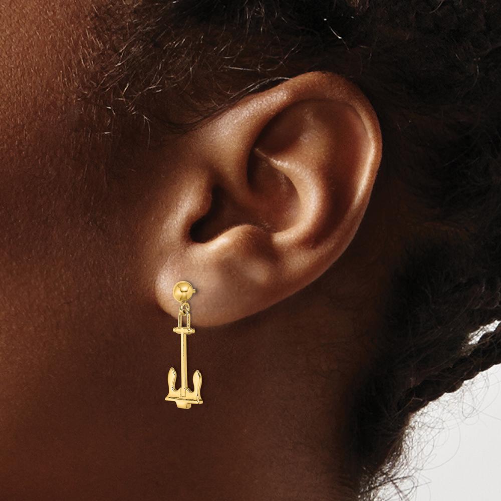 14K Yellow Gold Polished Navy Anchor Dangle Earrings - Elegant Drop Design by 0