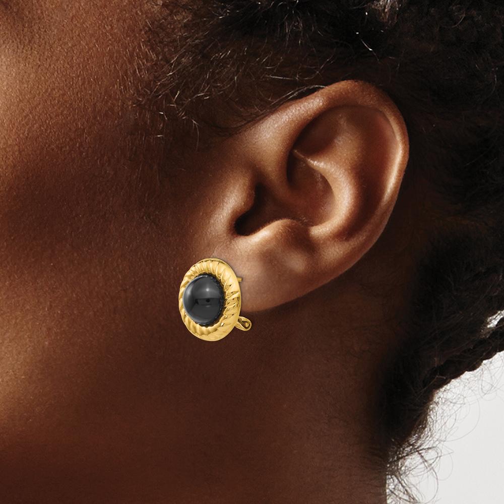 14K Yellow Gold Polished Onyx Button Earrings with Omega Clip Back Closure by Oro Pregiato