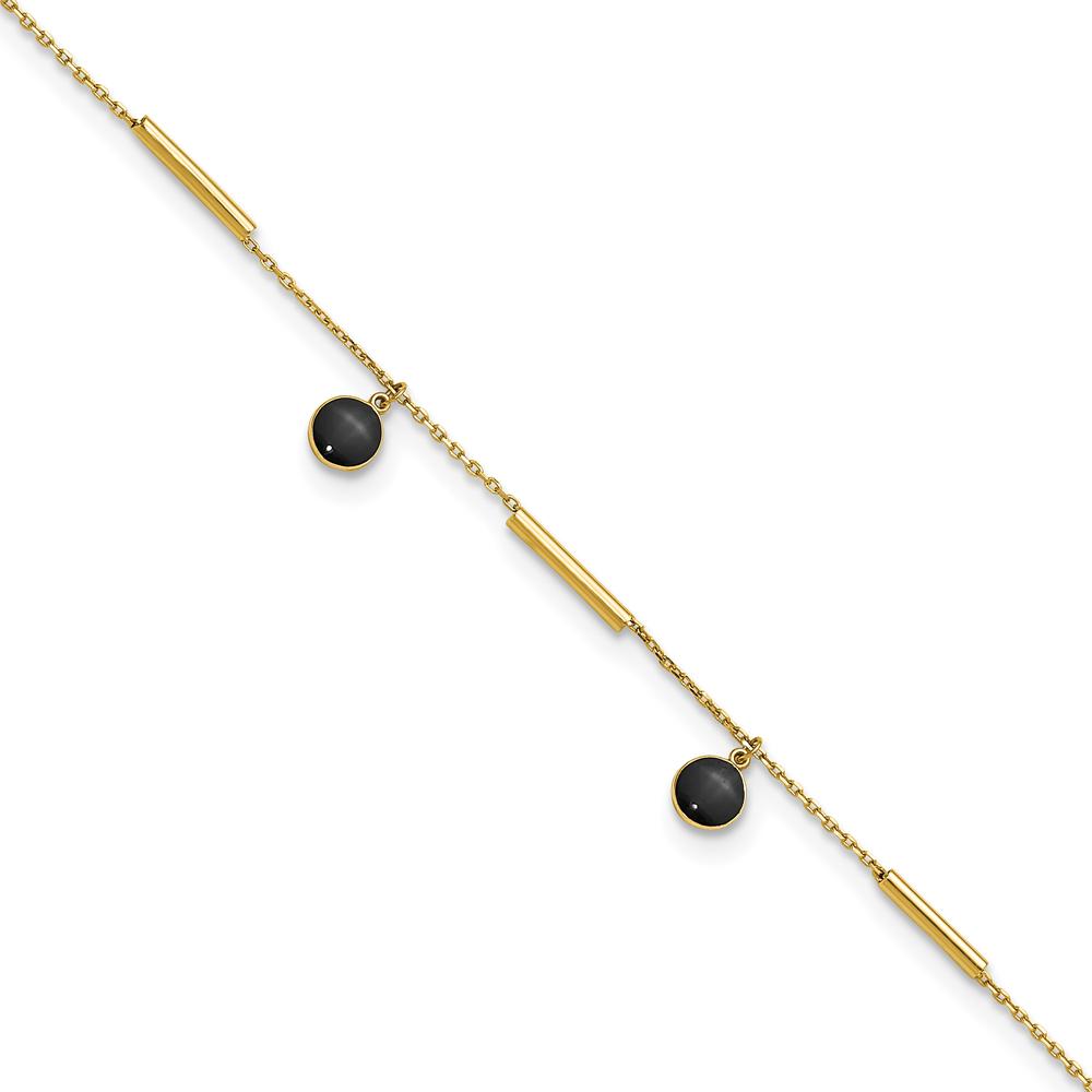 14K Yellow Gold Polished Onyx Dangles and Bars Anklet - 10" Total Length