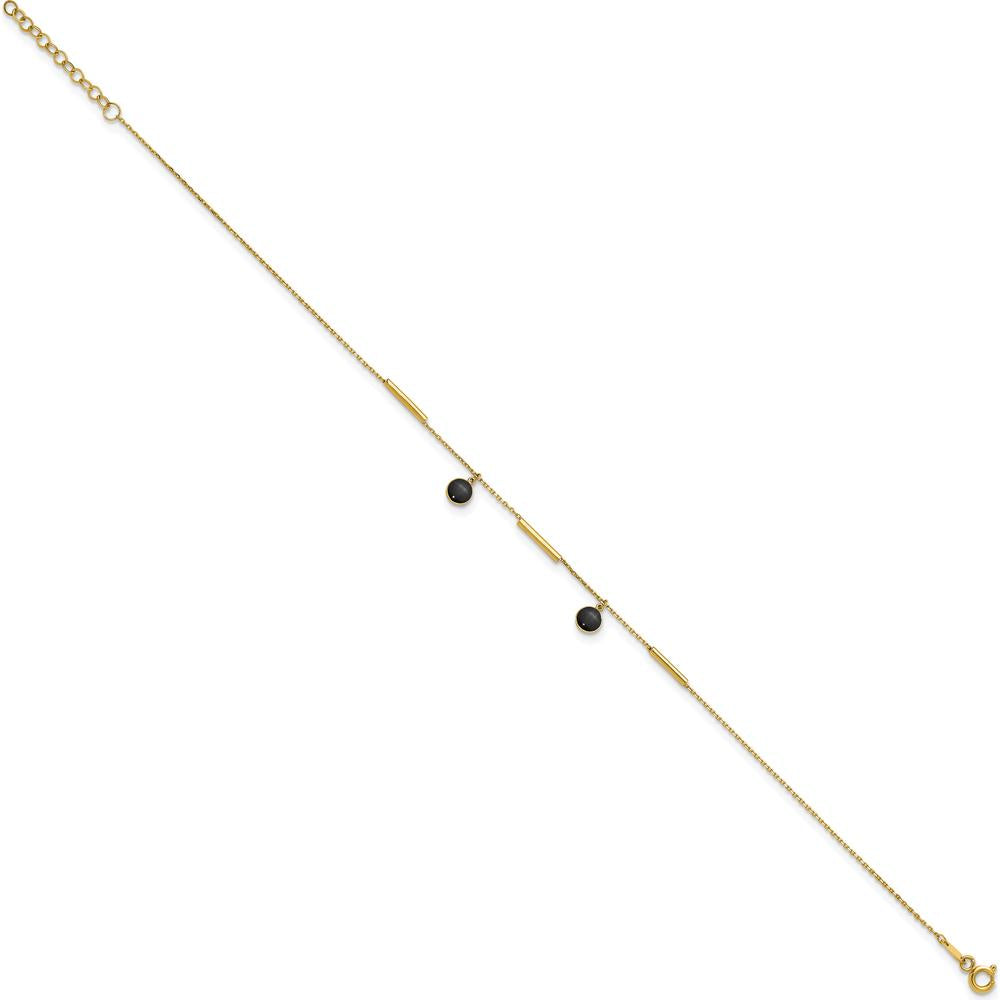14K Yellow Gold Polished Onyx Dangles and Bars Anklet - 10" Total Length