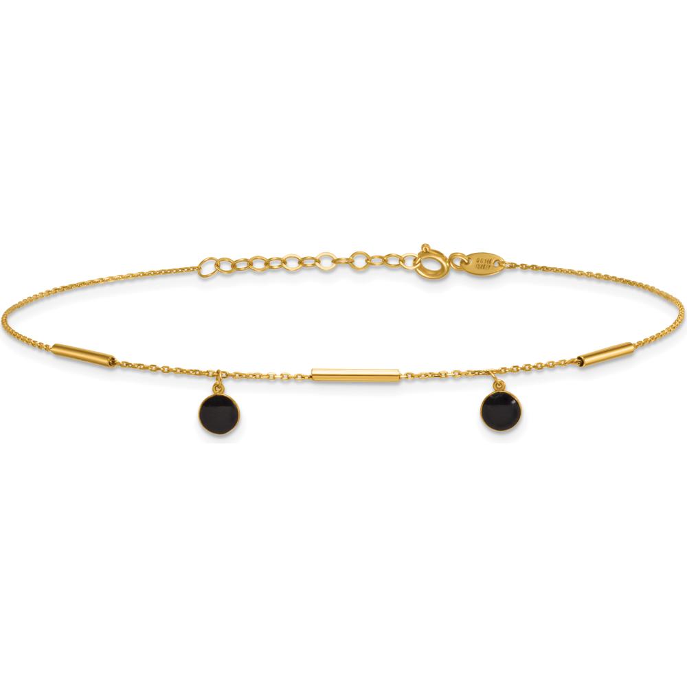 14K Yellow Gold Polished Onyx Dangles and Bars Anklet - 10" Total Length