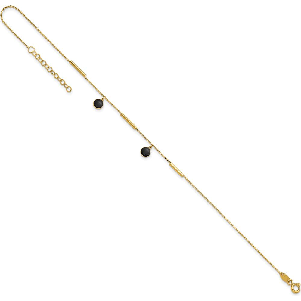 14K Yellow Gold Polished Onyx Dangles and Bars Anklet - 10" Total Length