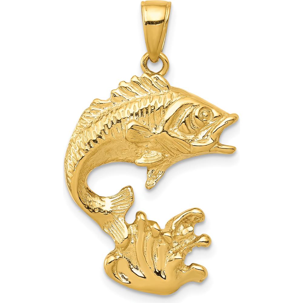 14K Yellow Gold Polished Open-Back Bass Fish Pendant - Nature-Inspired Wildlife Charm by Oro Pregiato