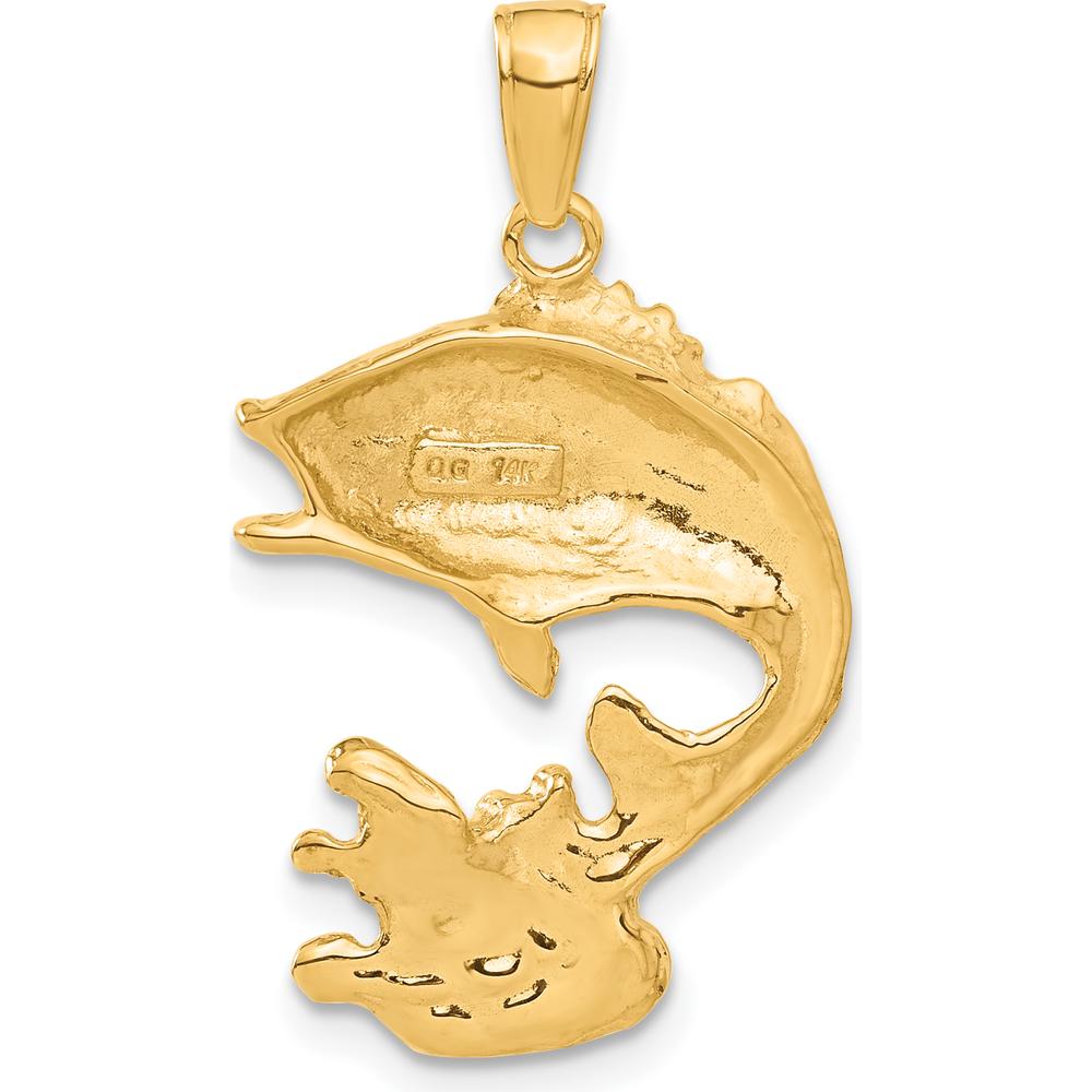 14K Yellow Gold Polished Open-Back Bass Fish Pendant - Nature-Inspired Wildlife Charm by Oro Pregiato