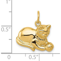 14K Yellow Gold Polished Open-Backed Cat with Ball Charm - 18mm